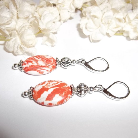 Orange & White Gemstone Earrings Beaded Jewelry Unique Colorful Lever Back 6737 - Picture 4 of 8